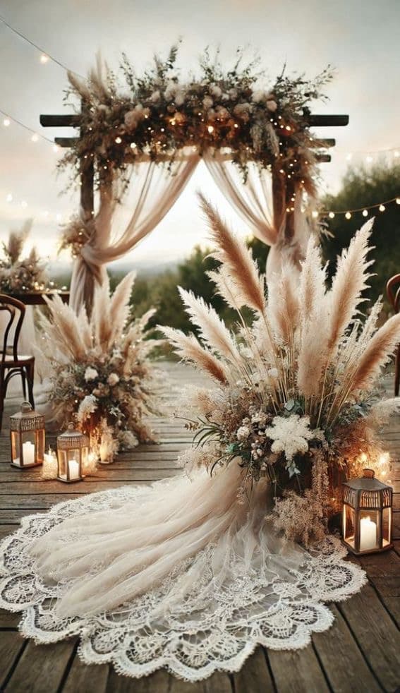 Altar boho con pastos y velos
